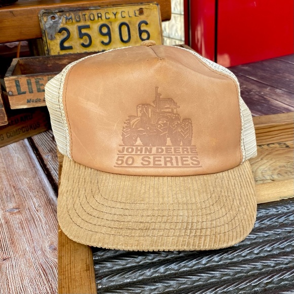 ?✨VINTAGE 80’s JOHN DEERE LEATHER +CORDUROY MESH SNAPBACK TRUCKER HAT O/S main image 11